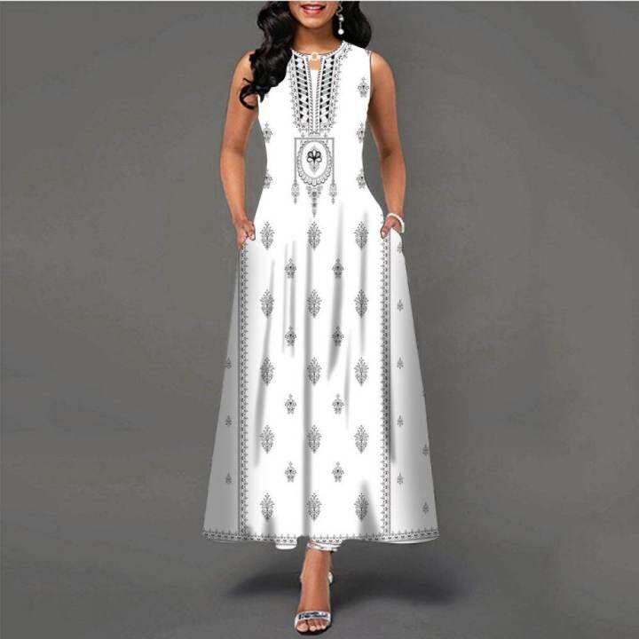 ฤดูร้อนลำลองแขนกุดพิมพ์-fish-beach-รูปแบบ-maxi-dress-a-line-boho-pocket-vintage-หลวม-plus-size-dresses