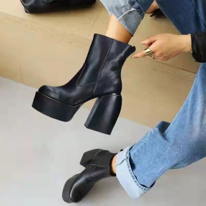 นิดgragon-รองเท้าบูทแฟชั่นพื้นหนาสไตล์เกาหลี-รองเท้าบูทส้นสูงรองเท้าบูทผ้ายืดสูงถึงเข่ารองเท้าบูทขี่มอเตอร์ไซค์สำหรับผู้หญิง