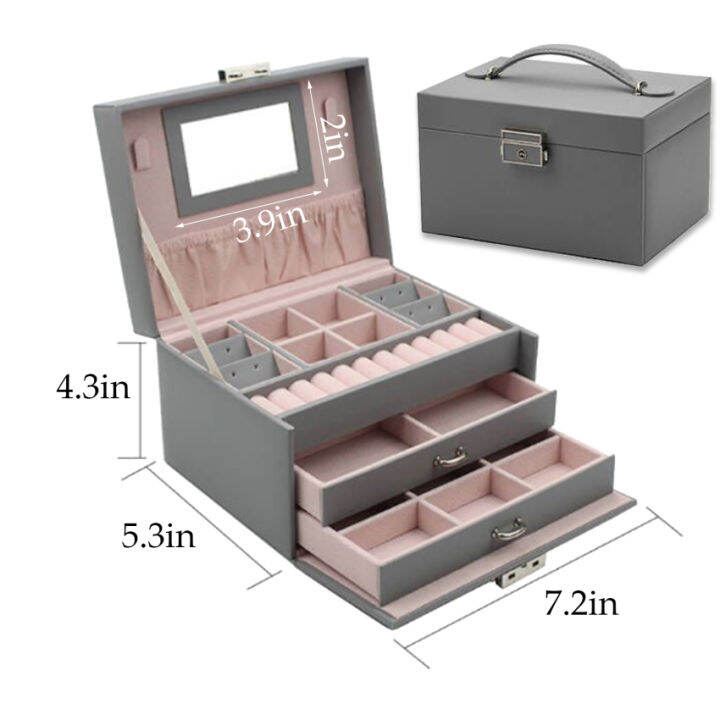ภาษาอังกฤษ-กล่องเครื่องประดับขนาดใหญ่-ที่เก็บ3เครื่องประดับชั้นพร้อมลิ้นชัก-กระจกและล็อค-กล่องนาฬิกา-กล่องของขวัญสำหรับสร้อยคอ-แหวน-กำไล-นาฬิกา-ต่างหู