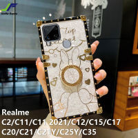 JieFie สแควร์เคสโทรศัพท์หรูหราสำหรับ Realme C15 / C12 / C11 / C35 / C21Y / C25Y / C17 / C20 / C21 / C2 / C11 2021การ์ตูนน่ารัก Minnie คู่กรณี Chrome เงา Soft TPU + ขาตั้งแหวน