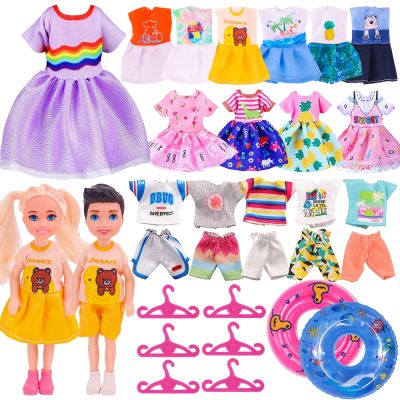 36PCS 6Inch Kelly Doll Clothes Set Include 5PCS Girl Dress5PCS Boy Tops Pants2Pairs Shoes2x Doll20x Hangers2x Swimming Ring