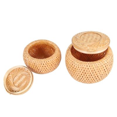 Set of 2 Small Decorative Bamboo Baskets with Lid for Storing Small Items Handmade and Braided Bamboo Storage Box