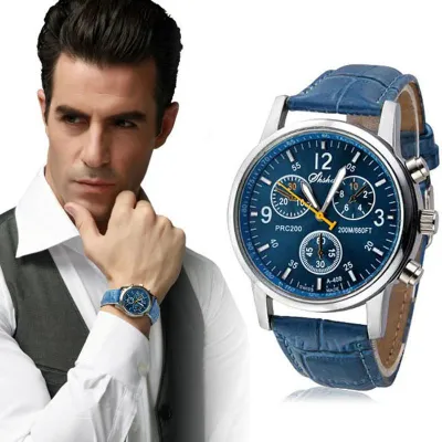 นาฬิกานาฬิกาอะนาล็อกผู้ชายสีฟ้าหนังจระเข้ปลอมหรูหราแฟชั่นใหม่