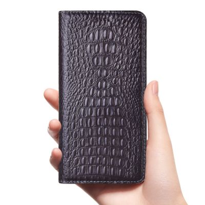 ✟☍ Crocodile Back Genuine Flip Leather Case For Xiaomi Redmi Note 3 4 4X 5 6 7 8 8T 9 10 11 Pro Max Phone Cover Cases