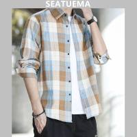 SEATUEMA เสื้อผู้ชายเกาหลีรุ่นเทรนด์ลายสก๊อตพิมพ์ลายใหม่หลวมหล่อผู้ชายทำงานเสื้อแจ็คเก็ตเสื้อด้านบน