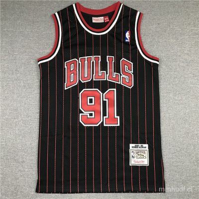 เสื้อกีฬาแขนสั้น ลาย Jersey Chicago Bulls No. 91 Rodman sports 95-96 เสื้อกีฬา พิมพ์ลายทาง สีดํา Zu1t