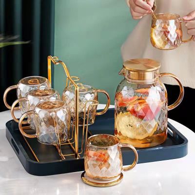 [ใหม่2023] Amber Diamond Texture แก้วกาน้ำชาและถ้วยชุดเหยือกน้ำเย็นโปร่งใสแก้วน้ำชากาแฟบ้านน้ำกาน้ำชาทนความร้อน