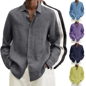 Men's Long Sleeve Cotton Linen Shirt Casual Baggy Plain Button-down Blouse  Tops