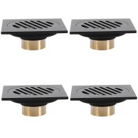 4X 4 Inch Square Shower Drain with Removable Cover Grate, Brass Anti Clogging and Odor Point Floor Drain Assembly