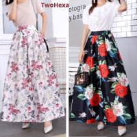 COD ✣₪ imoq55 store Ready Stock Womens Fashion Maxi Stain Skirts Elastic Stretch Waist Floral Print Long Skirt With Pockets