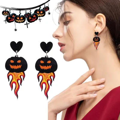 Fashionable Halloween Pumpkin Earrings Trendy Halloween Earrings Pumpkin-shaped Dangle Earrings Womens Acrylic Dangle Earrings Flame-shaped Halloween Earrings