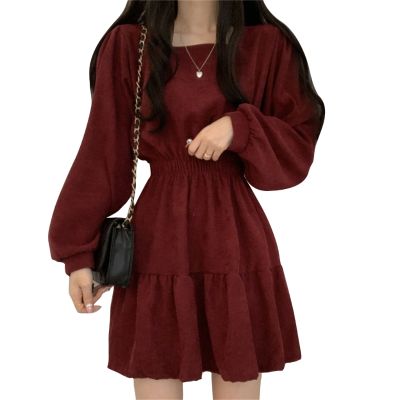 หวานชุด A-Line สำหรับผู้หญิงแฟชั่นแขนยาวชุดงานเลี้ยงค็อกเทลชุดสแควร์คอชุดเอวสูงชุดมินิ