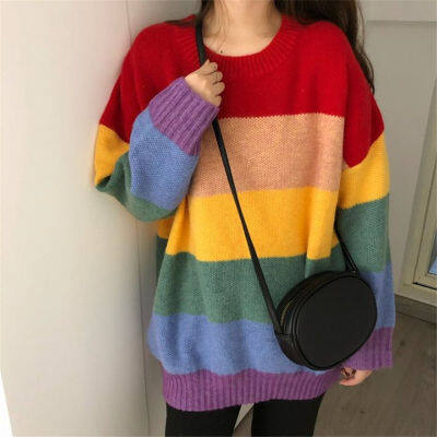 Bella philosophy Autumn Rainbow Sweater Women Harajuku Jumper Striped Pullovers Oversized Sweaters Korean Vintage Knitwear