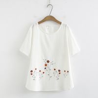 【มีไซส์ใหญ่】Plus Size Womens Round Neck Floral Embroidery Summer Shirts Oversized Cotton&amp;Linen Vintage Female Tops