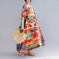 COD DSTGRTYTRUYUY Womens Fashion Plus Size Kaftan Dress Retro Oil Painting Pattern Cotton Linen Beach Dress Bohemian Casual Loose Robe Femme