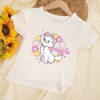 Girls T-shirt Cartoon Mary Cat Printing Petal Short Sleeve Tops Soft Cotton Kids Shirt