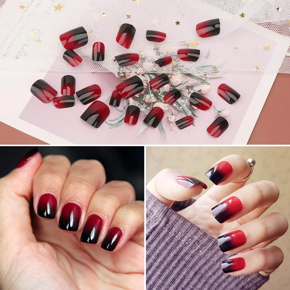 WEANBU7 24Pcs Artificial Nails Manicure Strawberry Gradient Jump Color  False Nail Tips DIY Nail Art Full Cover Fake Nails With Glue | Lazada PH