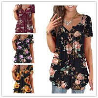 Spot parcel post2023 European and American Summer plus Size Womens Clothes New Casual Floral Print Shirt Top Fashion Short Sleeve Henley Shirt