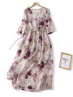 Elegant Age-Reduced Cotton Dresses for Women 2023 New Flower Printed Short Sleeve Drawstring A-Line Sundress with Pockets Robe