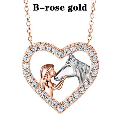 JDY6H Fashion Heart Zircon Girl and Horse Necklace Gold Plated Pendant Engagement Necklaces for Women Animal Jewelry Anniversary Gi