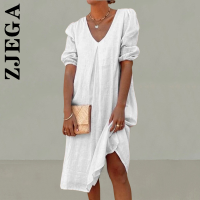 Zjega Dress Women New Slim Dresses Loose Shirt Dress Solid Color V-Neck Long Midi Dresses Holiday Vestidos Female Woman Clothes