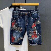 Naimo short jeans 2022 summer new denim shorts mens trendy brand dragon pattern embroidered trousers slim five-point pants