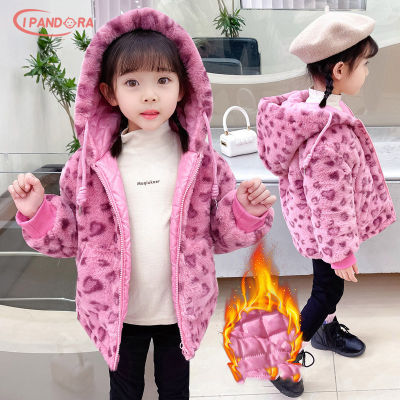 IP Girls pink leopard-print velvet coat with cotton padded baby winter clothes Korean style cotton hooded coat x78