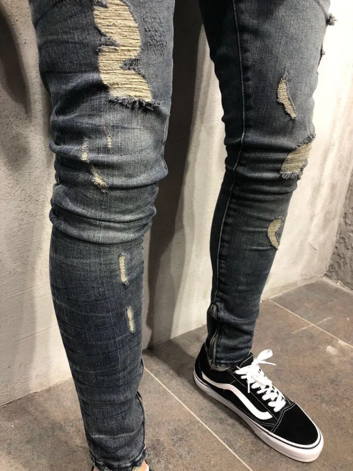 Trendy Mens Skinny Jeans Biker Destroyed Frayed Slim Fit Denim Ripped Pants  