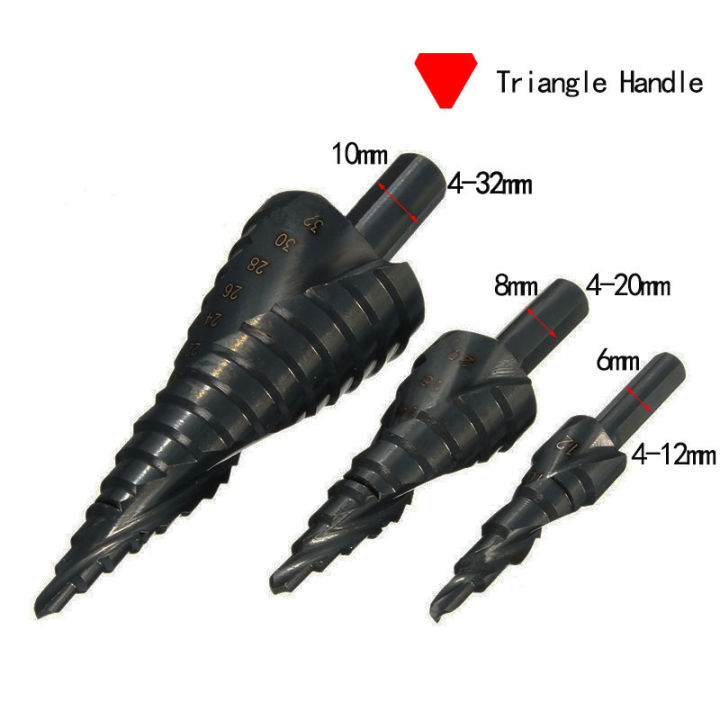 3pcs-hss-cobalt-step-stepped-drill-bit-set-4-32mm-triangle-shank-hole-nitrogen-high-speed-steel-spiral-for-metal-steel