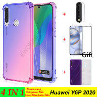 (4-In-1) สำหรับHuawei Y6P 2020 Anti-Fallสีโทรศัพท์มือถือเคสโทรศัพท์ + HDแบบเต็มหน้าจอกระจกเทมเปอร์ฟิล์ม + คาร์บอนไฟเบอร์ฟิล์มด้านหลัง + ฟิล์มเลนส์