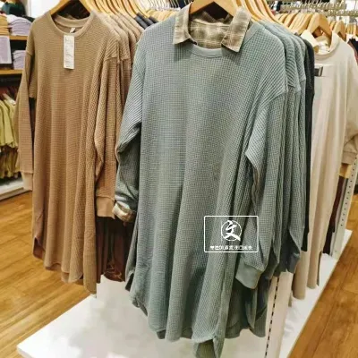 UNIQLO ชุดเดรสคอกลมวาฟเฟิลแขนยาวปานกลางแบบลำลองกระโปรงสีทึบ XW443371