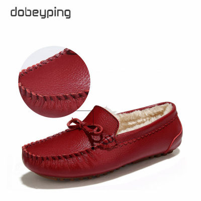 Winter Fur Women Loafers Slip-on Leather Ladies Flats Warm Plush Driving Boat Shoes Woman Moccasins New Casual Female Solid Shoe
