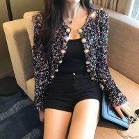 สีสัน Glitter Sequins ปักเสื้อแจ็คเก็ต Slim Beaded Cardigan Blazers แขนยาวชุดไข่มุกปุ่ม Crop Tops