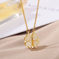 Four-Leaf Clover Heart สร้อยคอผู้หญิงสแตนเลส Magnetic Zircon จี้สร้อยคองานแต่งงานโรแมนติกเครื่องประดับ Femme