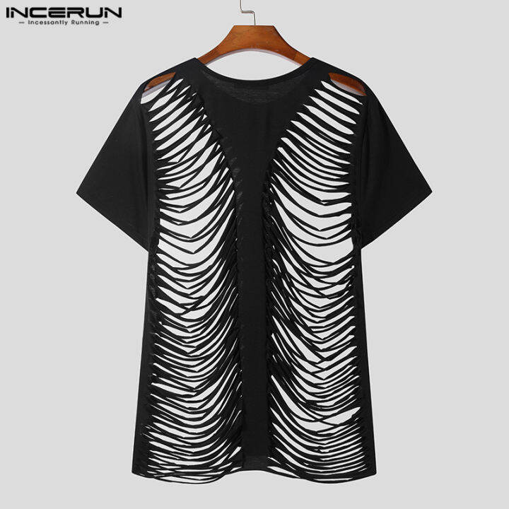 incerun-ผู้ชายแขนสั้น-streetwear-เสื้อธรรมดาบุคลิกภาพเสื้อยืดคอกลวงออกลูกเรือ-สไตล์ตะวันตก