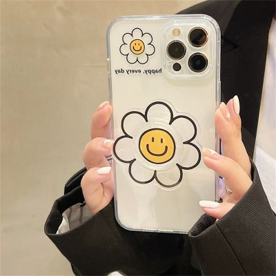 ✴☍ Korean Cute Sun Flower Bracket Phone Case For iPhone 14 11 12 13 Pro XS Max X XR SE 7 8 Plus Soft Transparent Shockproof Cover