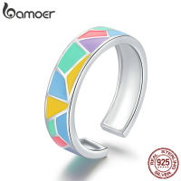 bamoer 925 Sterling Silver Geometric Colorful Enamel Open Finger Rings for Women Wide Band Free Size Ring Jewelry BSR126