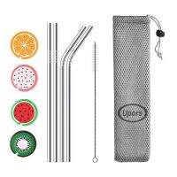 ❀♀✵ UPORS 215x6mm Metal Drinking Straws Eco Friendly Stainless Steel Straws with Silicone Maintainer Tips Reusable Straw Brush Pouch