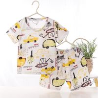 【Ready Stock】 ✎﹍ C22 Childrens Baby Summer 2Piece Short Sleeve Clothing Boy Girl Kids Fashion Cartoon Cute Print Cotton Ultra-thin Breathable Pajamas