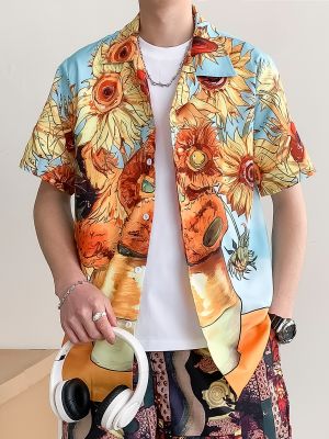 เสื้อเชิ้ตลายดอกไม้สำหรับผู้ชายเสื้อใส่ไปทะเลเสื้อแขนสั้นพิมพ์ลายฮิปฮอปเสื้อเชิ้ตฮาวายฤดูร้อน2023