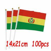 ZXZ 100pcs Bolivia hand waving Flag 14*21cm Polyester Double Side Printing BO bolivia Flag with plastic flagpole