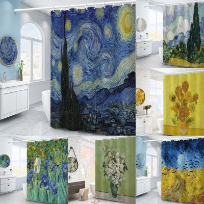 Van Gogh ม่านอาบน้ำภาพวาดแอบสแตรกซ์สีน้ำมันคืนที่แจ่มจรัสท้องฟ้าสีขาวเมฆดาวพระจันทร์พร้อมตะขอตกแต่งห้องน้ำ
