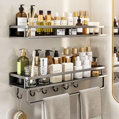 ☂ஐ✐ Bathroom Gun Grey Shelf with Towel Bar Space Aluminum Corner Shelves Towel Rack Shampoo Holder Kitchen Storage Rack with Hooks