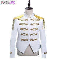 White Hussar Parade Steampunk Gothic Blazer แจ็คเก็ตผู้ชายทหาร Marching Band Drummer Music Festival Parade เครื่องแต่งกาย Homme 2XL