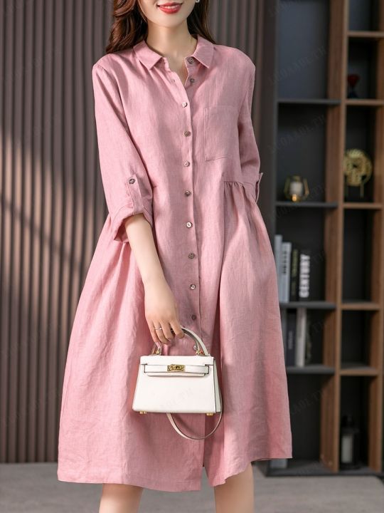 luoaa01-ชุดเดรสผ้าฝ้ายสีสันสวย-ยาวเหนือเข่า-สไตล์เกาหลี-คอเสื้อลำลองสวยงาม-แฟชั่นใหม่ล่าสุด