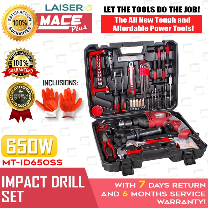 Mace Plus Impact Drill Kit 650W MTID650SS with Tool Set +Free Gloves