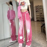 Vintage Drawst Pink Y2k Baggy Jeans Women N Fashion Star Printing Womens Streetwear Denim Pants High Waist Trousers