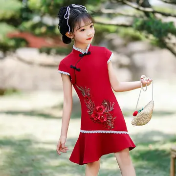 Cute Asian Girl Chinese Red Cheongsam Dress Red Envelope Pink