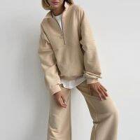 New Product Two-Piece Set Women Tracksuit Autumn Winter Patchwork Half-Zipper Collar Pullovers+Wide-Leg Pants Fashion Streetwear Female Suit