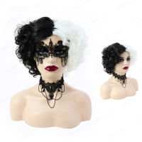 Rebcass Synthetic Cruella Wig Black and White Middle Part Short Curly Cosplay+Free Caps for Women Heat Resistant for Halloween